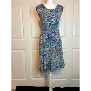 En Focus Petite Blue Paisley Ruched Sheath Dress 6P Sleeveless Jersey Knit